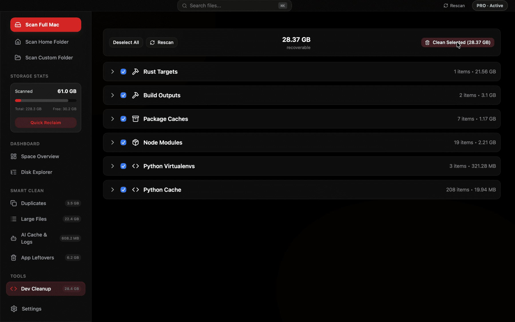 Reclaim's Dev Cleanup view showing multiple node_modules folders across different projects with sizes and bulk selection