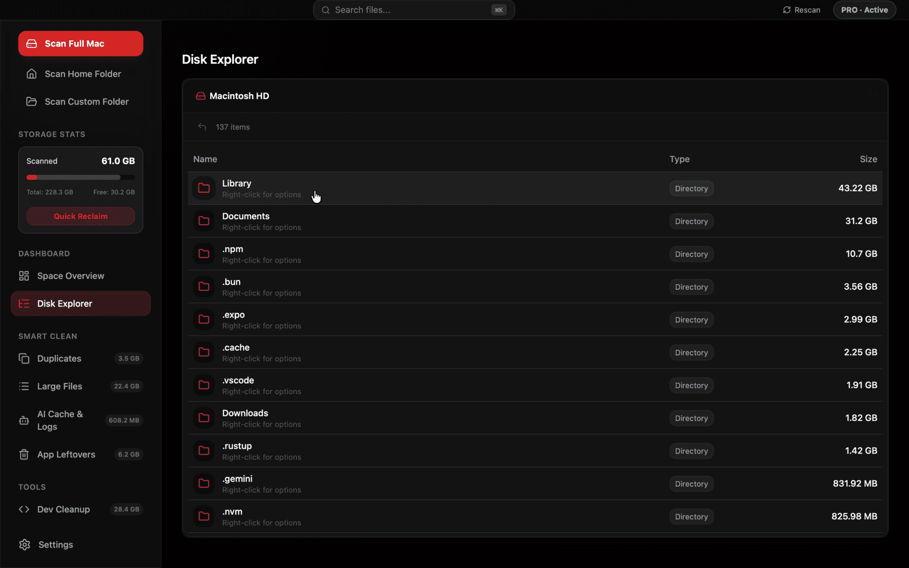 Reclaim's disk explorer view listing folders sorted by size with clear category labels