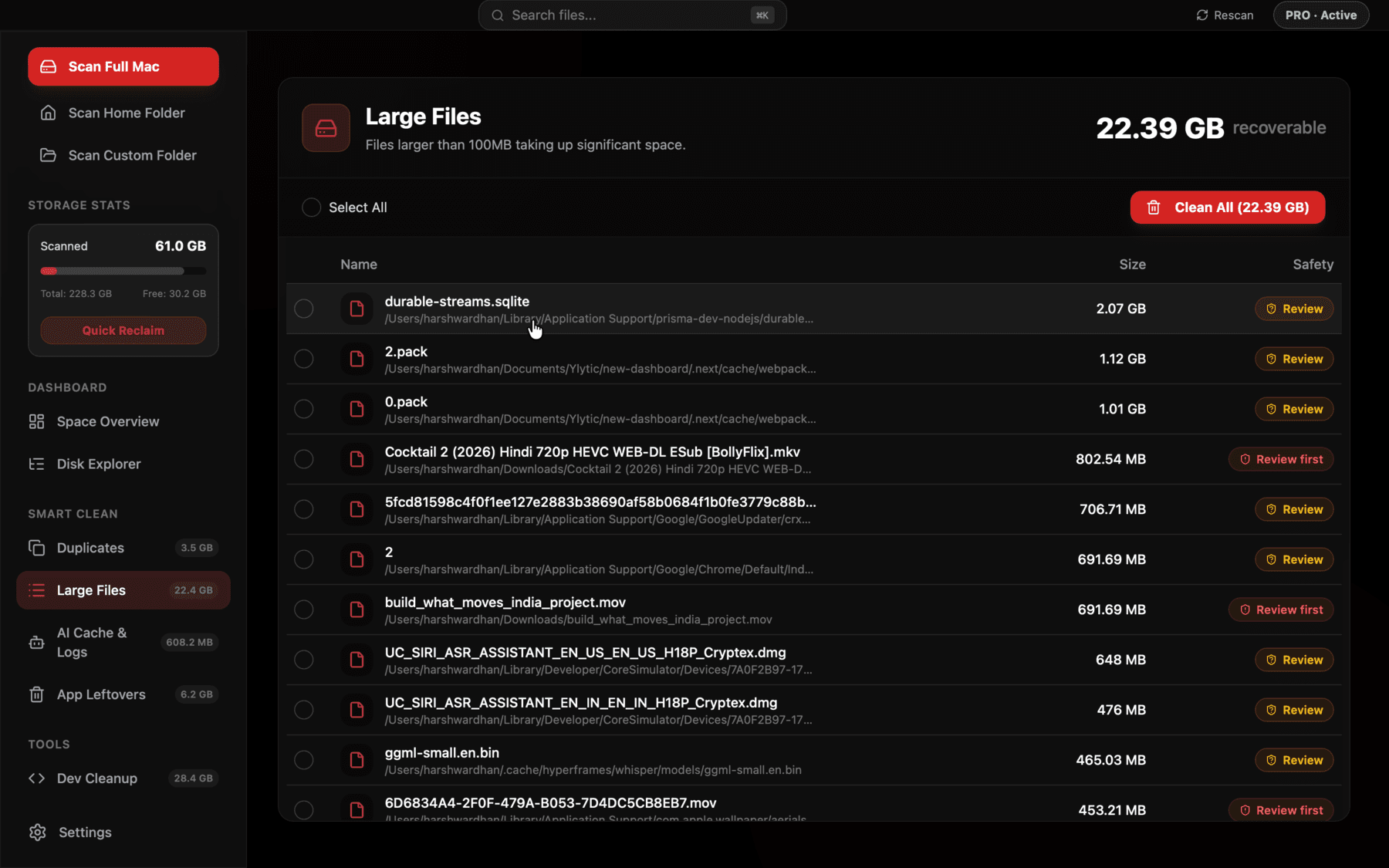 List of large files over 100MB sorted by size in Reclaim