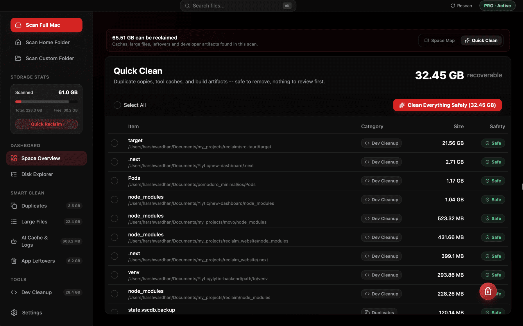 Quick Clean review screen confirming size before deletion in Reclaim