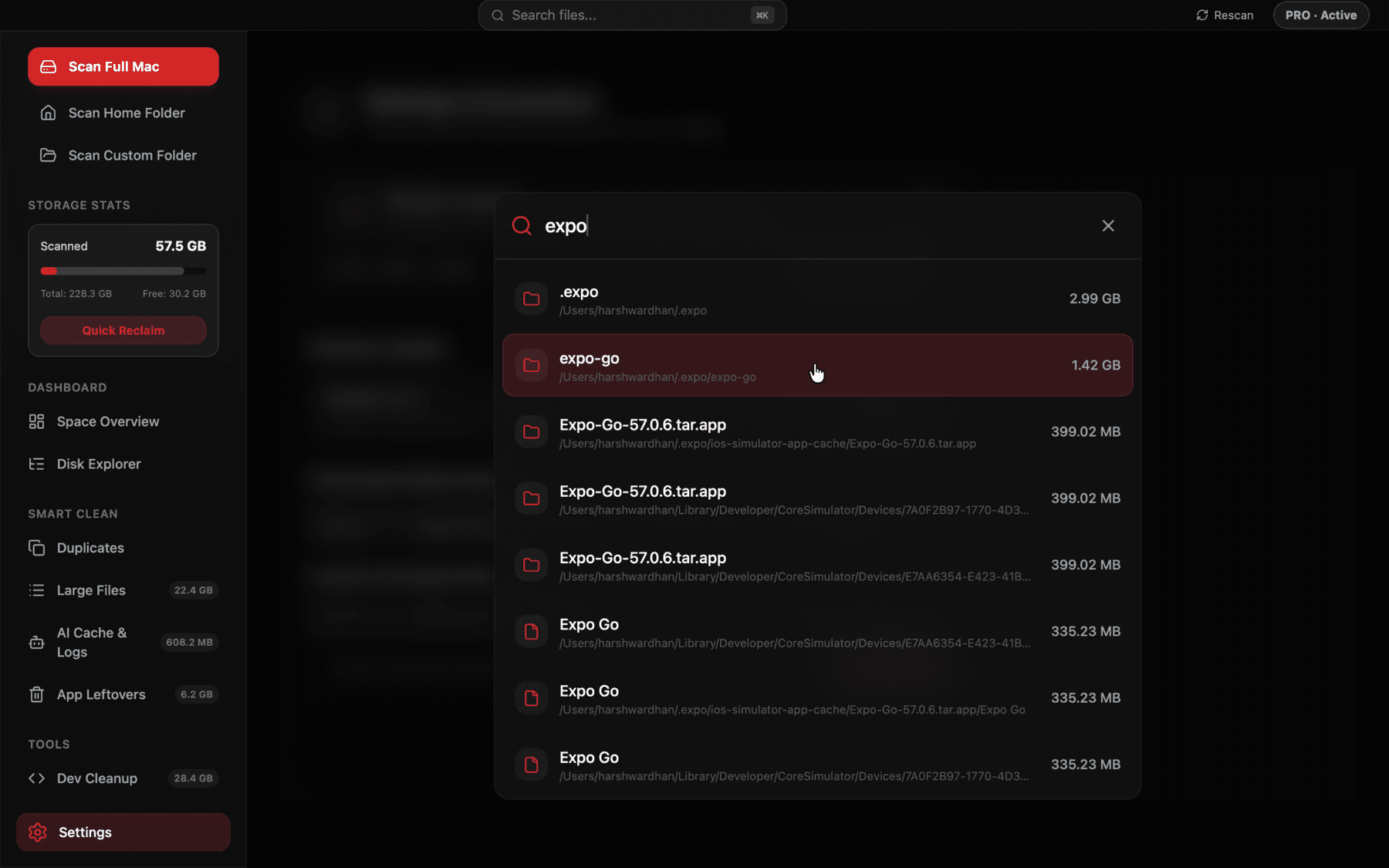 Instant global file search in Reclaim